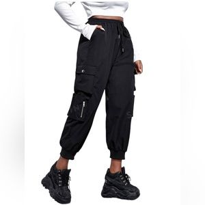 Plus Black Flap Pocket Drawstring Cargo Pants
